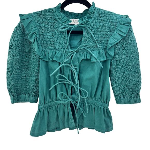 Sea New York Casey‎ Top Smocked Tie Front Puff Sleeves Ruffle Women's XXS Green - Picture 10 of 16